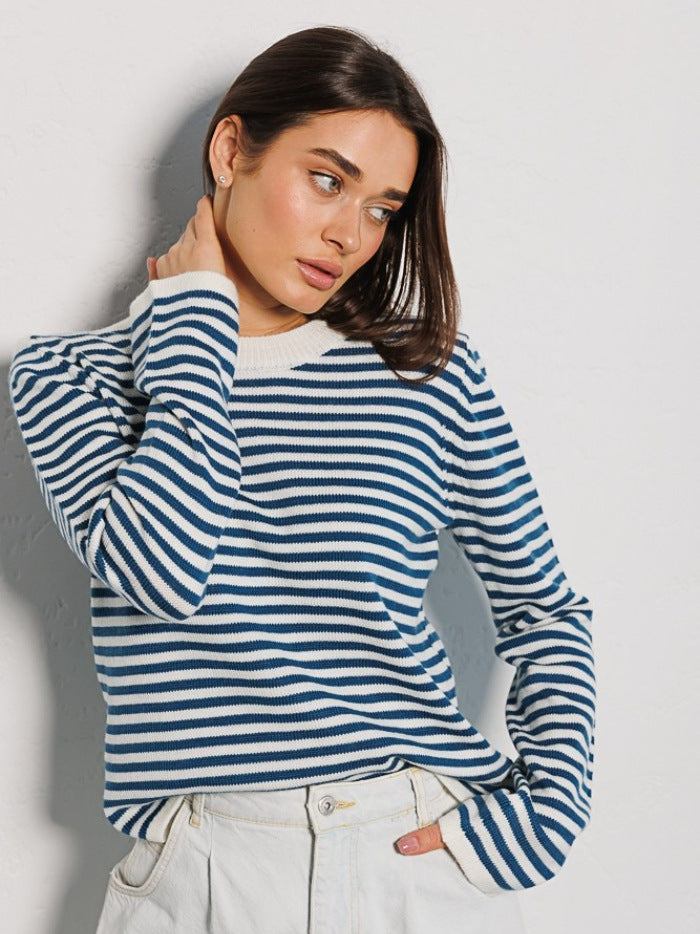 Striped sweater autumn thread contrast color round neck pullover women's knitted striped top