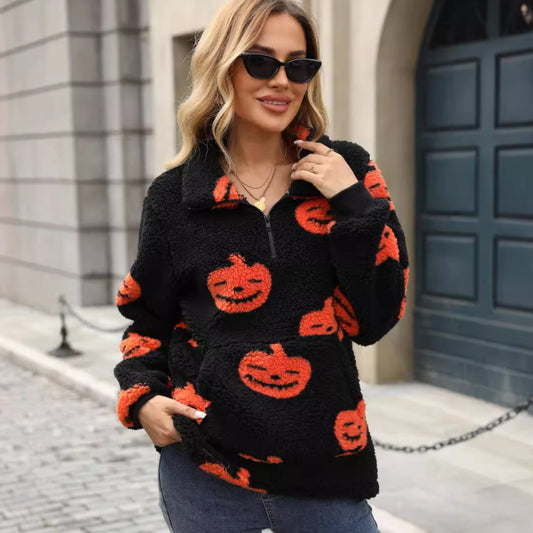 Autumn and Winter Halloween pumpkin print half zipper plush pullover sweater