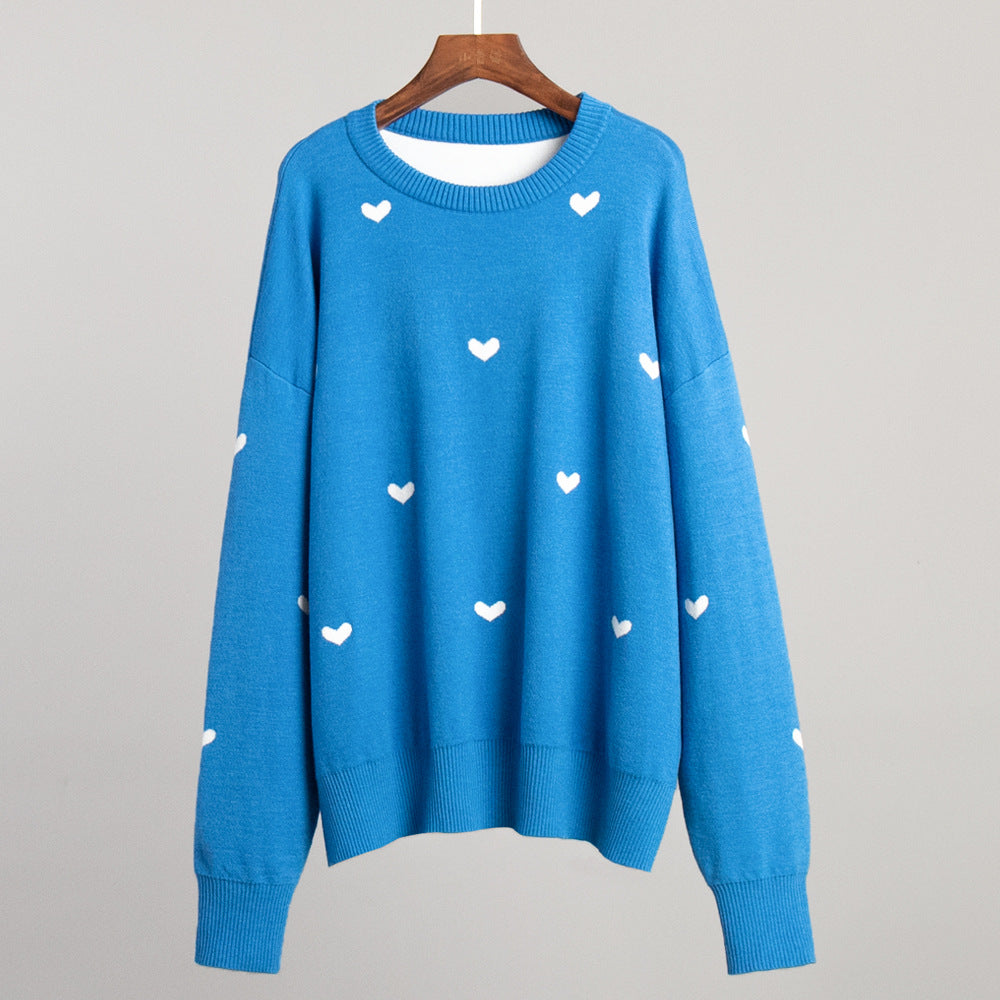 Heart printing sweater 2024 autumn and winter commute leisure round neck knitted pullover sweater women