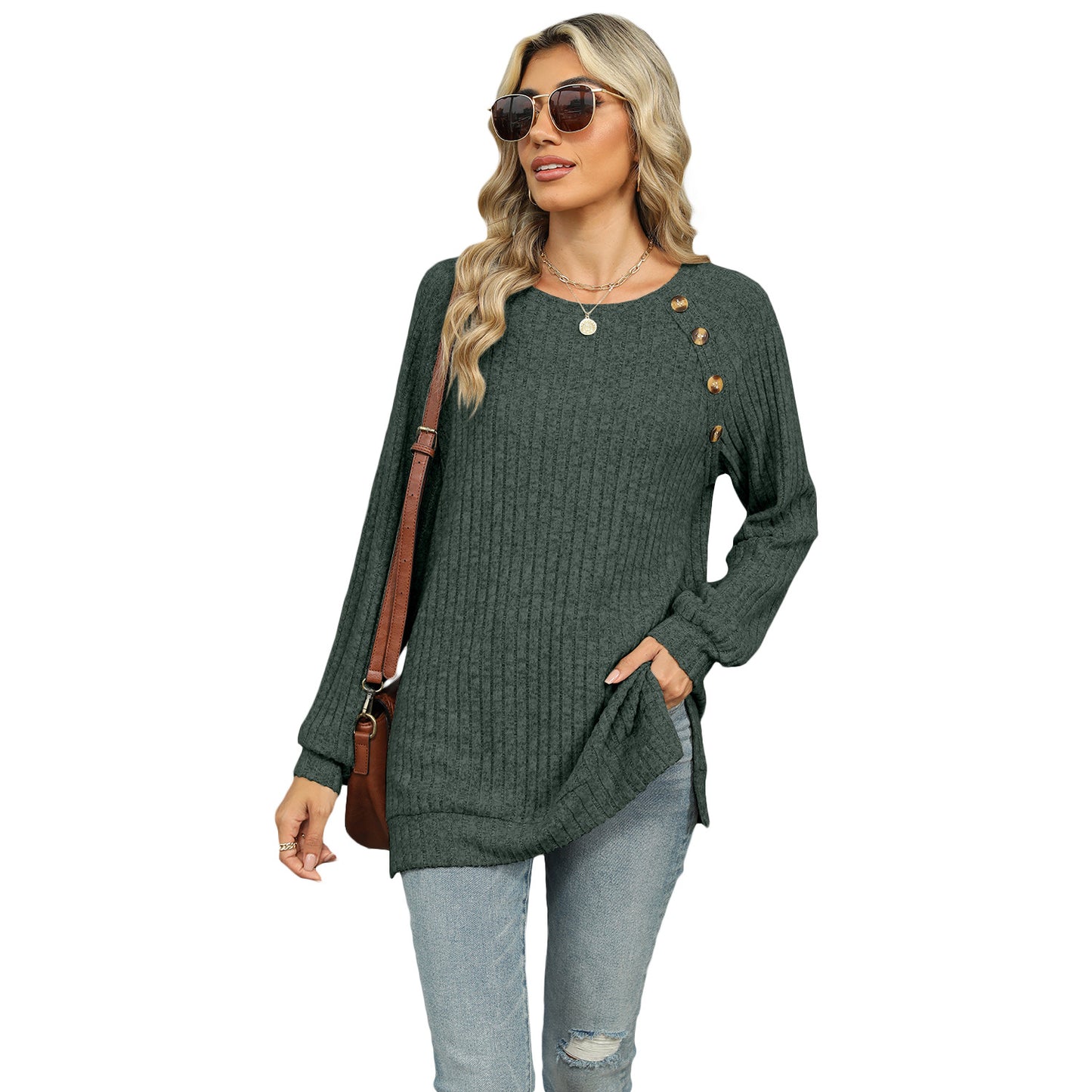 Women's 2024 autumn and winter New round neck raglan sleeve solid color T-shirt split top