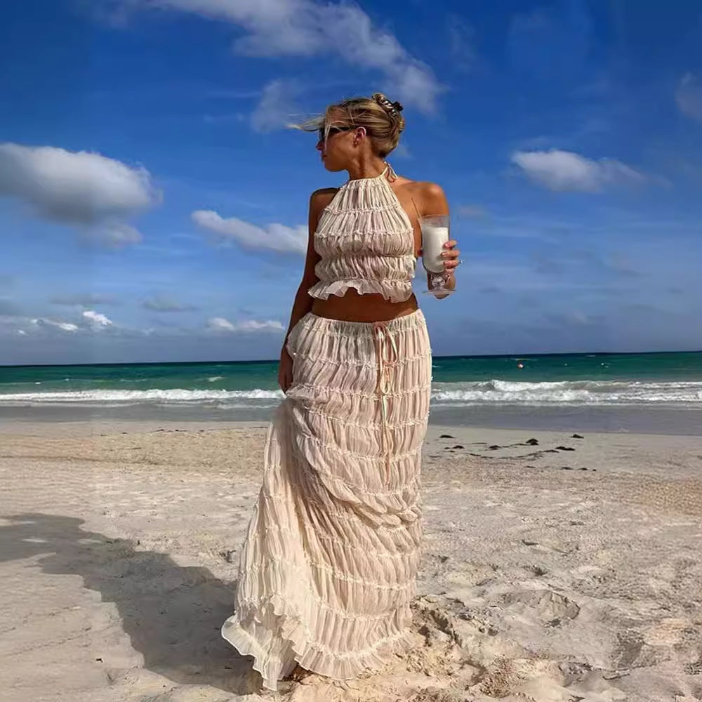 New European and American fashion and sexy backless neck strap pleated lace vest long dress set