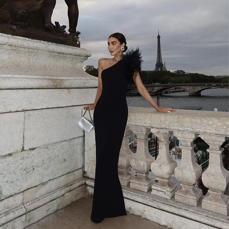 Summer Women's Ostrich Feather One-Shoulder Bandage Dress Party