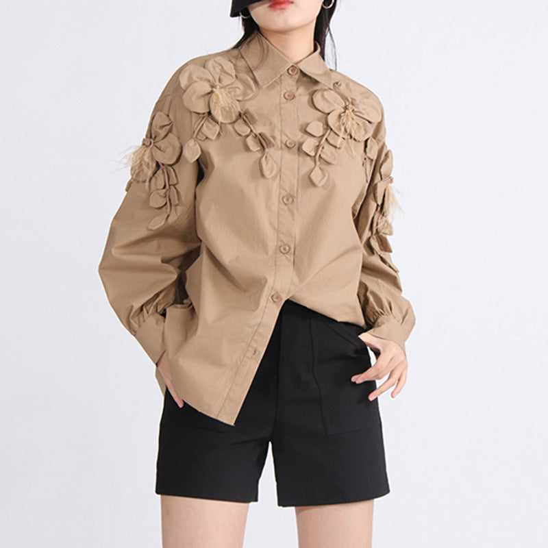 2024 Spring New Fashion Elegant Lapel Solid Color Three-dimensional Flower Loose High-end Sense Heap Sleeve Blouse