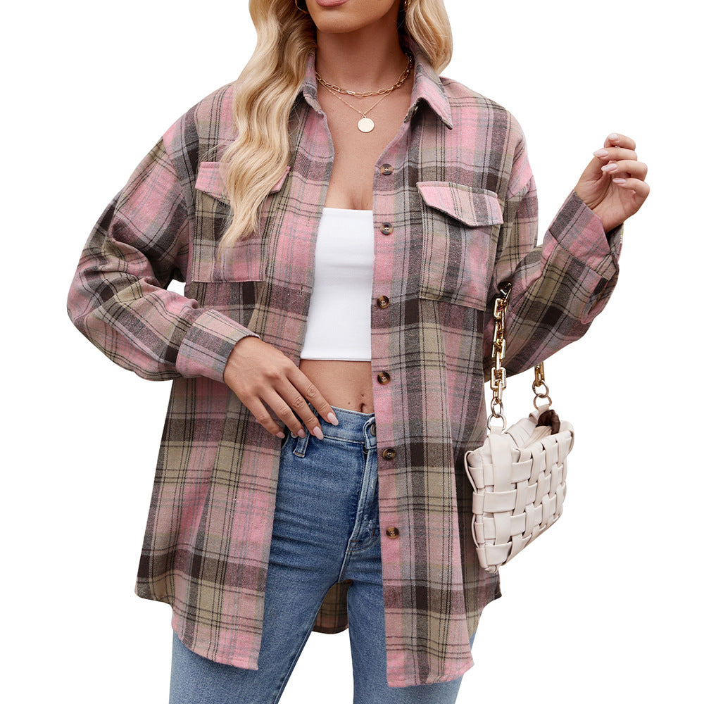 New Casual Fashion Loose Plaid Pocket Shirt Women