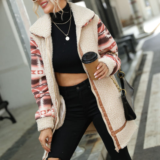 Women's cardigan particle color matching printing lapel long stitching zipper plush coat