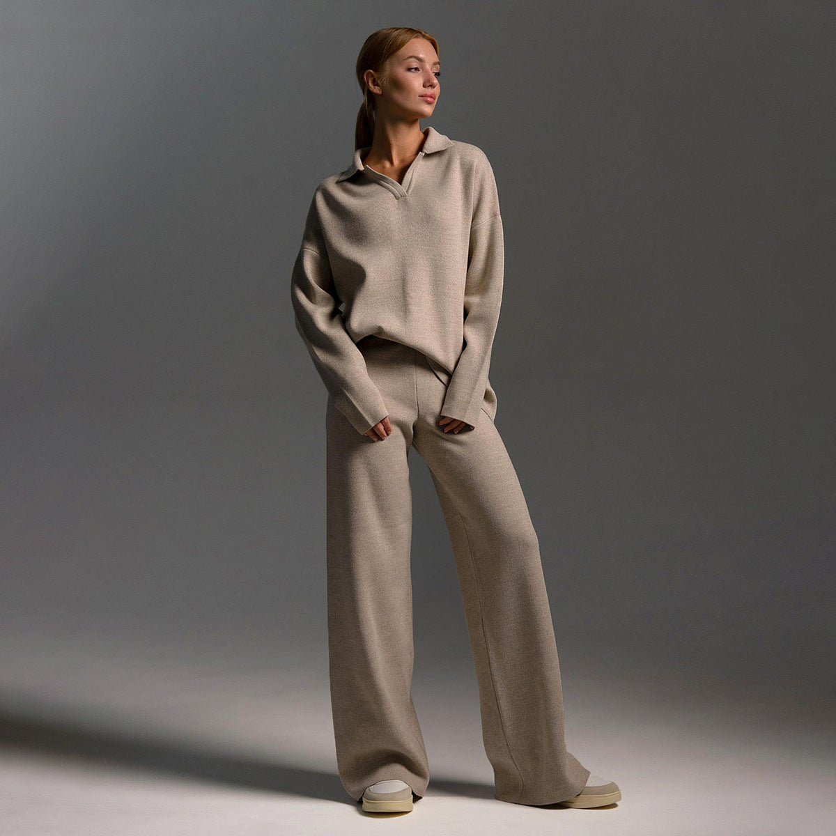 Polo neck knitted jumper + wide-leg trousers two-piece set