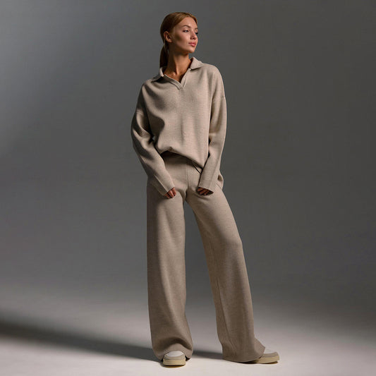 Polo neck knitted jumper + wide-leg trousers two-piece set