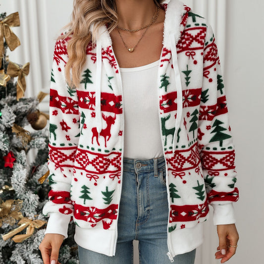 Autumn and winter women's long sleeves Cardigan Christmas printed plush coat