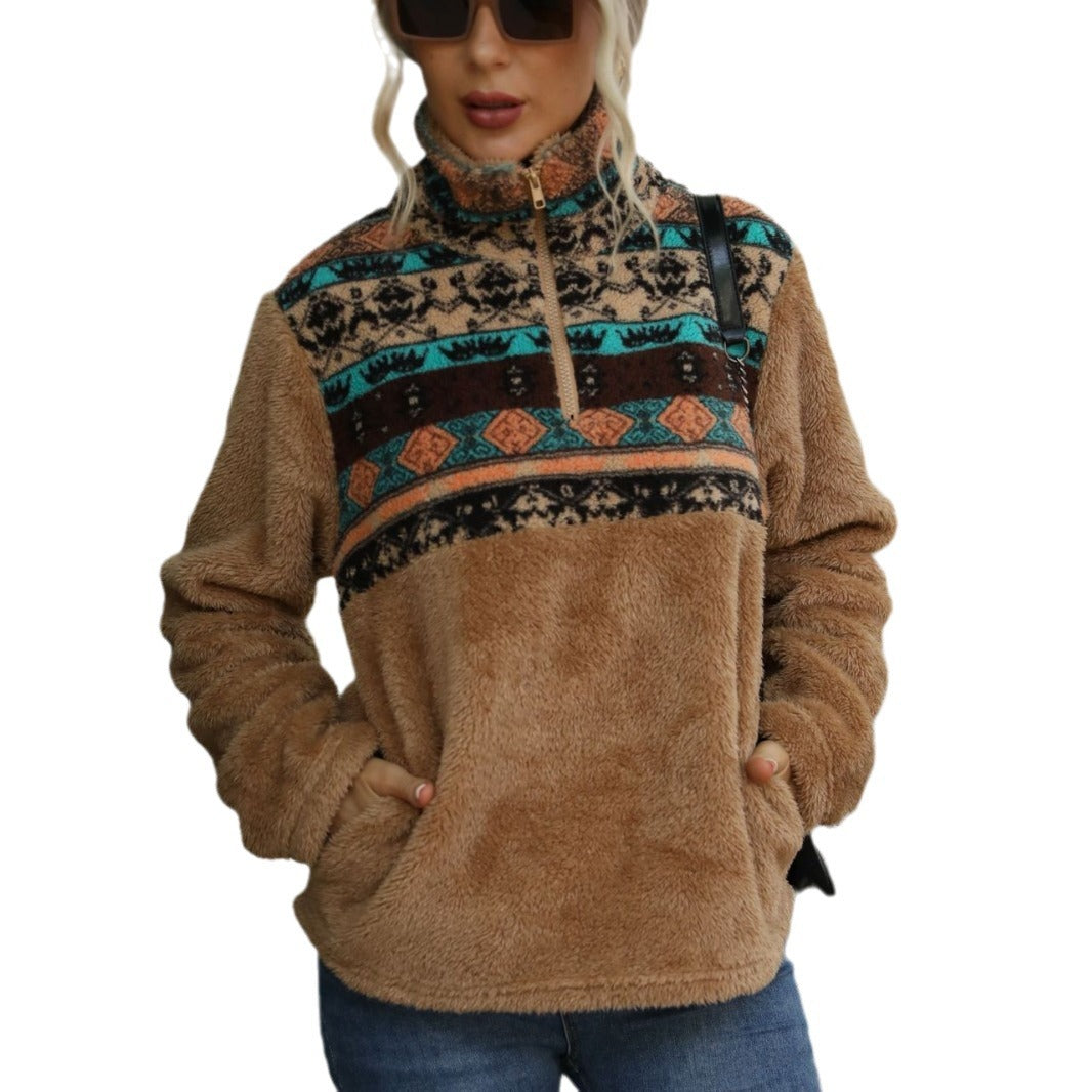 Plush printed half zipped stand collar long sleeve loose casual pullover