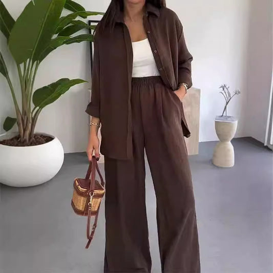 Spring and summer new fashion solid color loose top casual wide-leg pants women's two-piece set