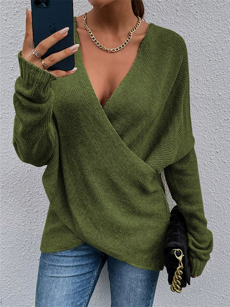 Autumn winter fashion v-neck cross knit women sweater tops