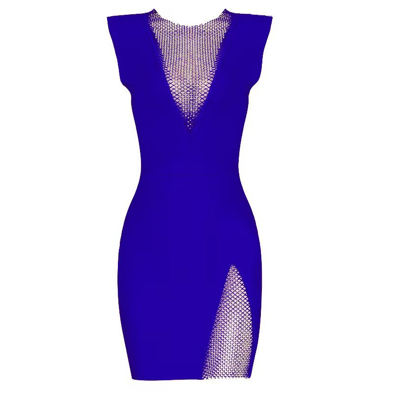 Net Drill V-Neck Sexy Sleeveless See-Through Slim Bandage Dress