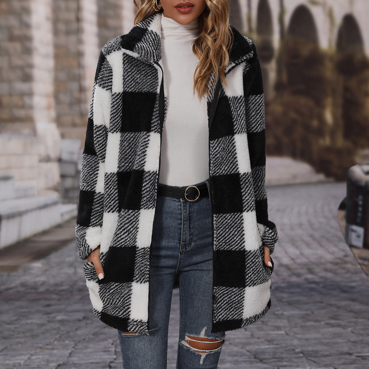 Women's autumn clothing lapel long sleeve loose plaid zipper double-sided velvet casual long coat