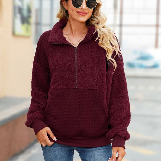 Autumn women's round neck long sleeve pullover zipper mid-length solid color plush patchwork sweater