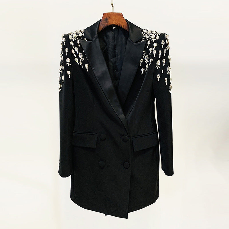 Heavy Industry Rhinestone Suit Women's Autumn Winter Mid Coat