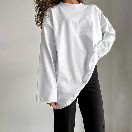 Women's cotton T-shirt spring and autumn loose solid color Oversize round neck long sleeve loose top