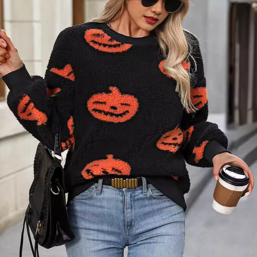 Women's autumn and winter Halloween printed plush loose pullover sweatershirt