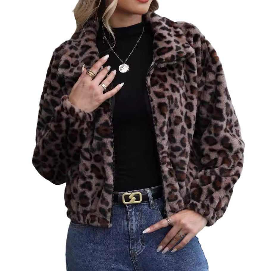 Women's autumn and winter New loose zip long-sleeved leopard plush coat