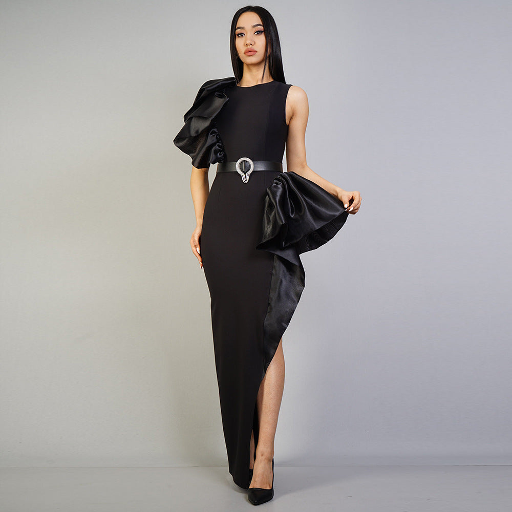 Black One Shoulder Lace Elegant Split Mid-Length Bandage Dress Party