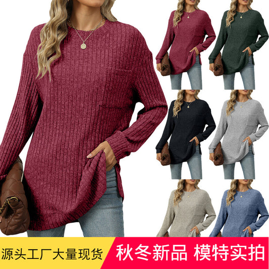 Autumn and Winter new round neck pocket slit hemline at hem loose T-shirt solid color top for women