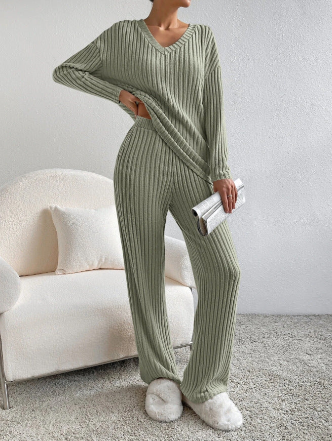 Autumn new fashion casual straight-leg pants temperament loose V-neck pit strip knitted cover