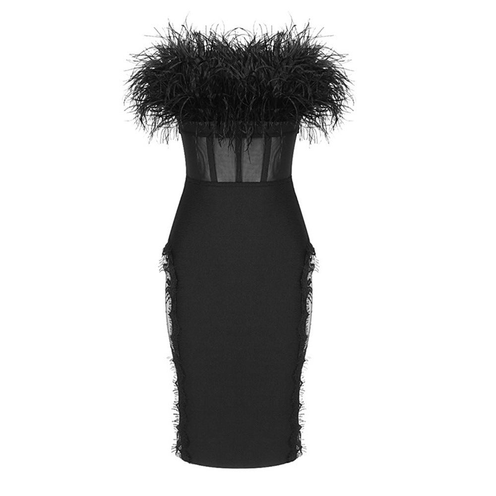 Tube Top Feather Lace Hollow Mesh Skinny Sheath Bandage Dress