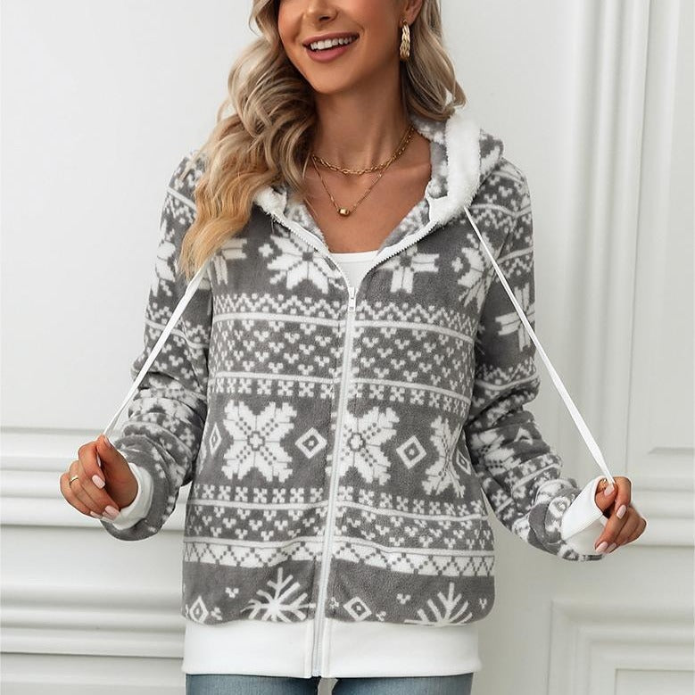 Women's autumn and winter New hooded cardigan Christmas style printed plush coat