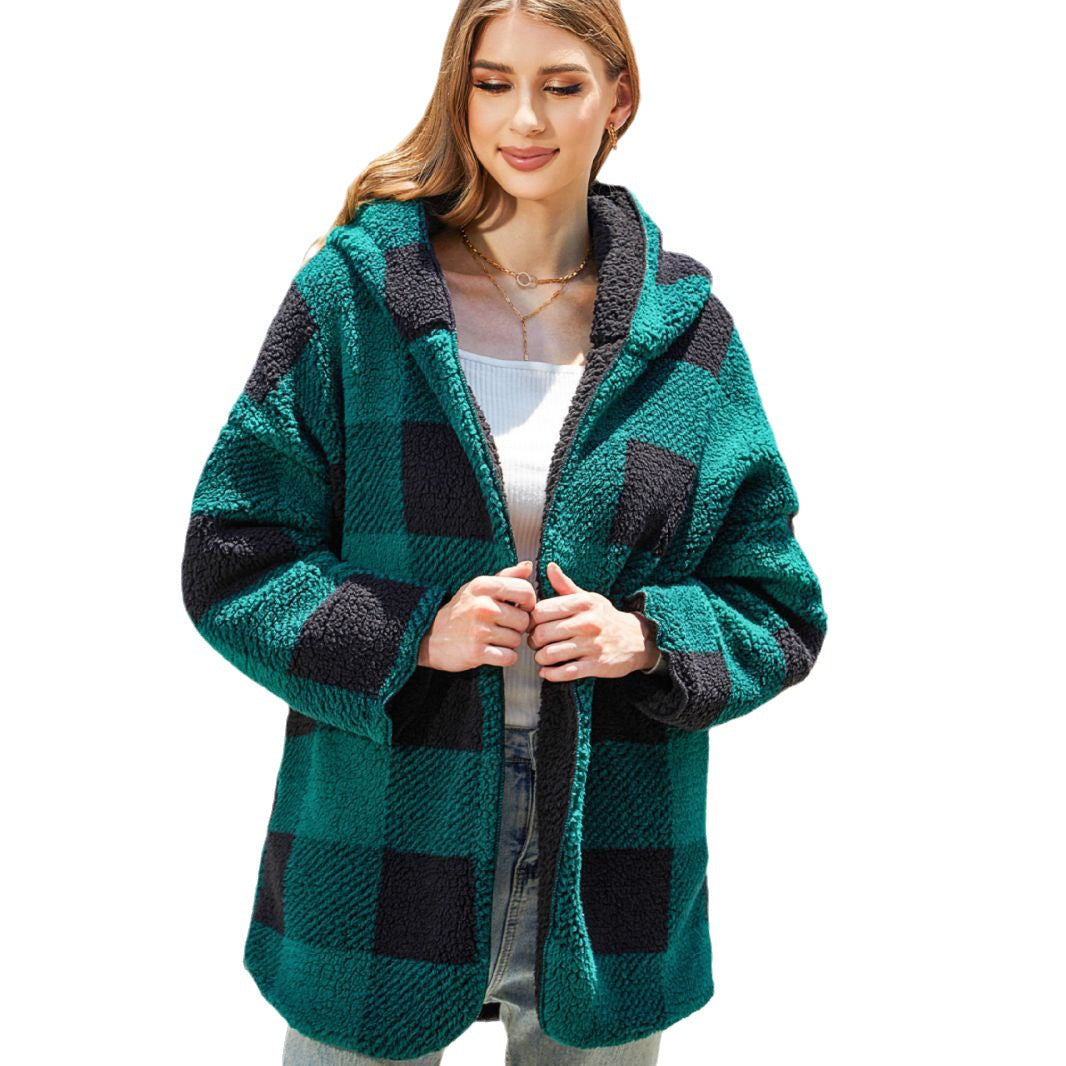 Women's autumn and winter plaid loose casual buckle-free cardigan double-layer plush coat