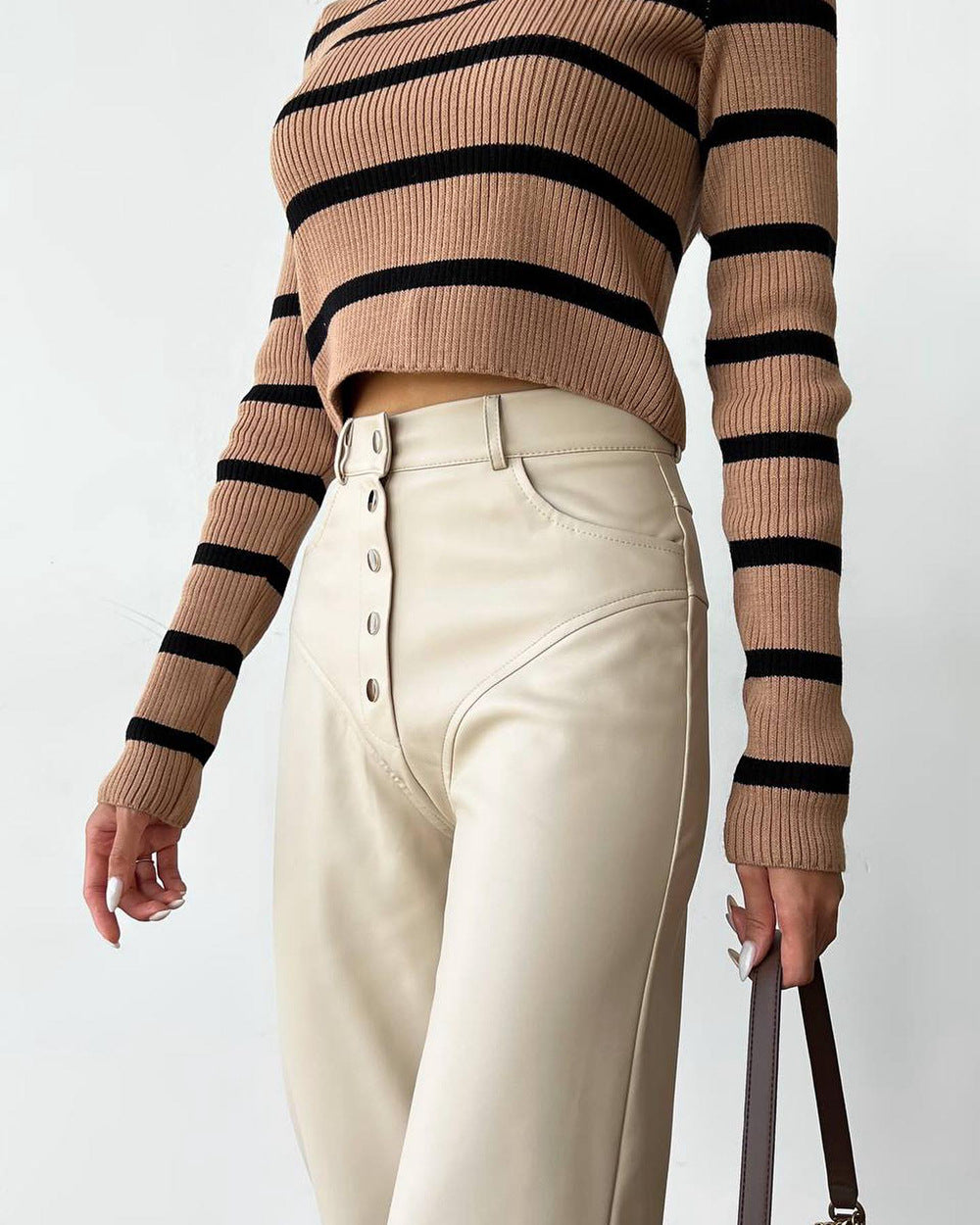 Autumn and Winter high waist leather stitching trousers for women casual straight pants leather pants