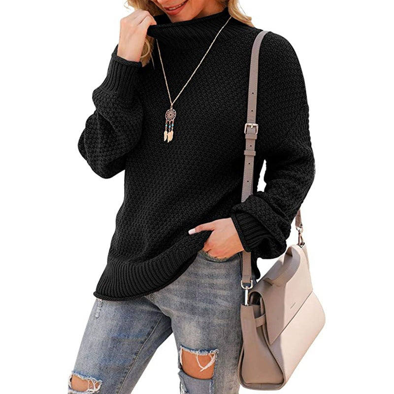 Women's sweater half turtleneck large size sweater bat long sleeve pullover loose solid color sweater