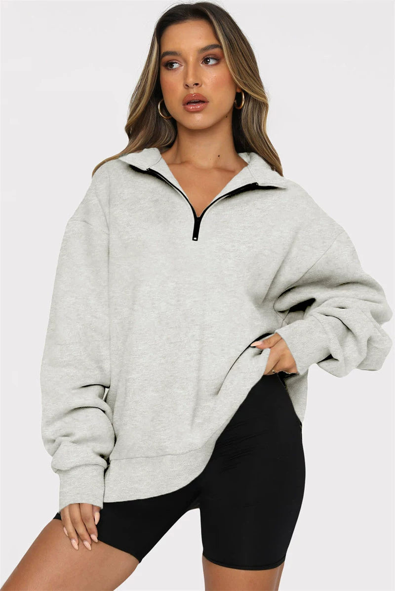 Autumn winter casual loose women hoodie zipper pullover sweater