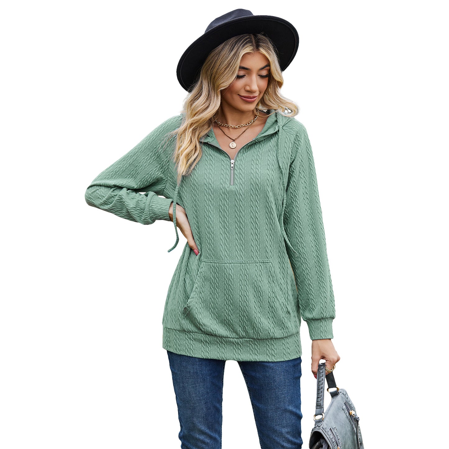 Autumn and Winter solid color hooded zipper loose long sleeve sweatershirt women