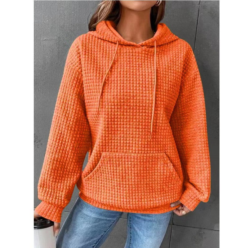 Autumn and winter women's hoodies waffle round neck long-sleeved sweater solid color top for women