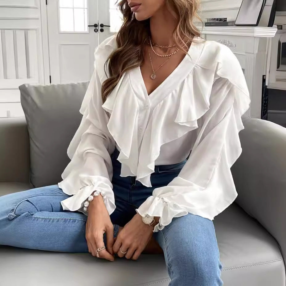 Spring and Autumn women's V-neck flounce top shirt long sleeve