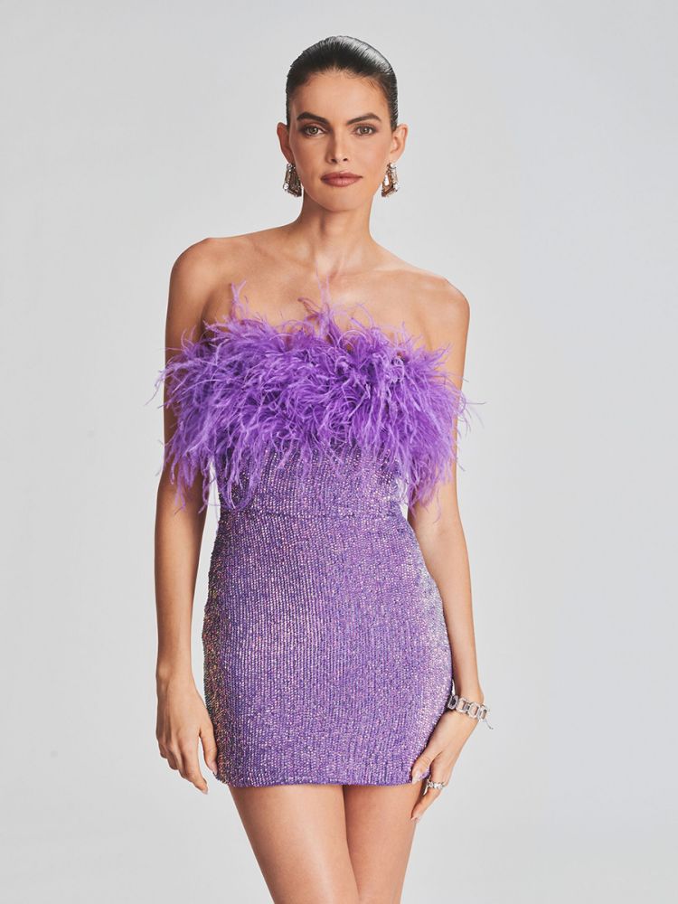 Women Sequin Strapless Dress Ostrich Feather Formal Dresses