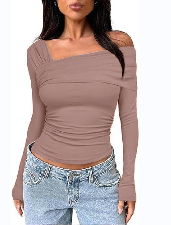 2024 spring and autumn Women's One shoulder long-sleeved top pleated out slim y2g T-shirt