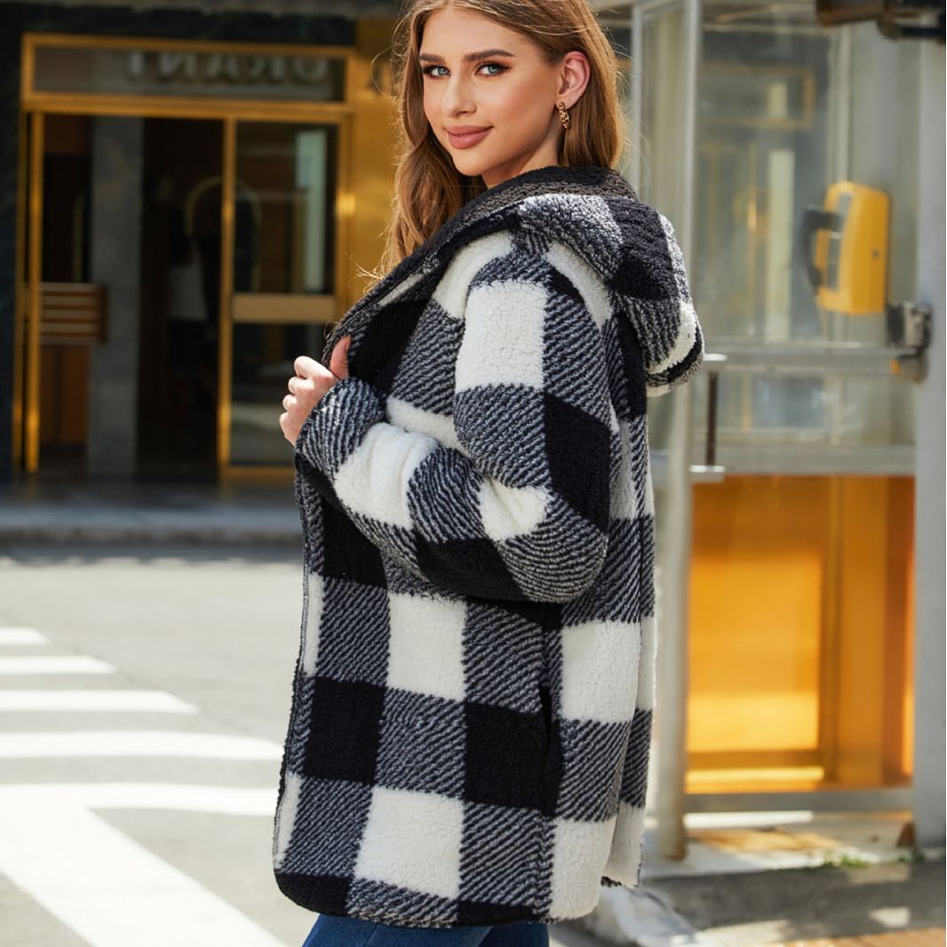 Autumn and winter women's clothing loose and warm Plaid buckle-free cardigan hooded double-sided plush coat