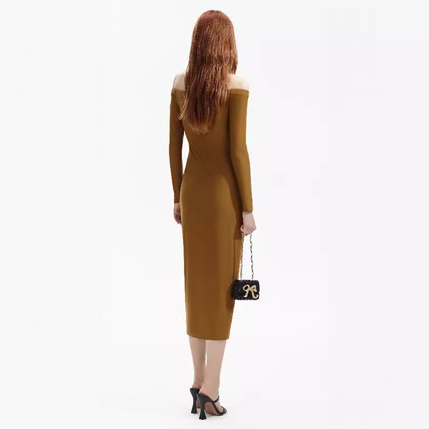 French Shoulder Hollow Flower Bandage Dress Feminine Celebrity High-end Evening Dress