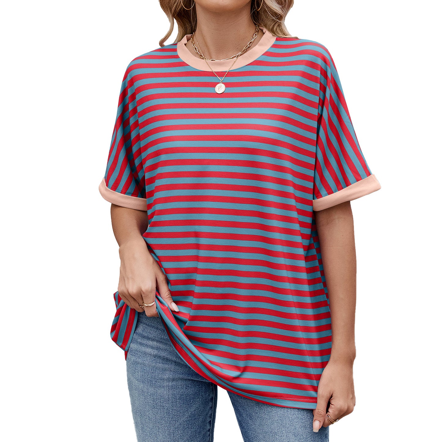 Spring and summer new striped contrasting color round neck loose short-sleeved T-shirt top women