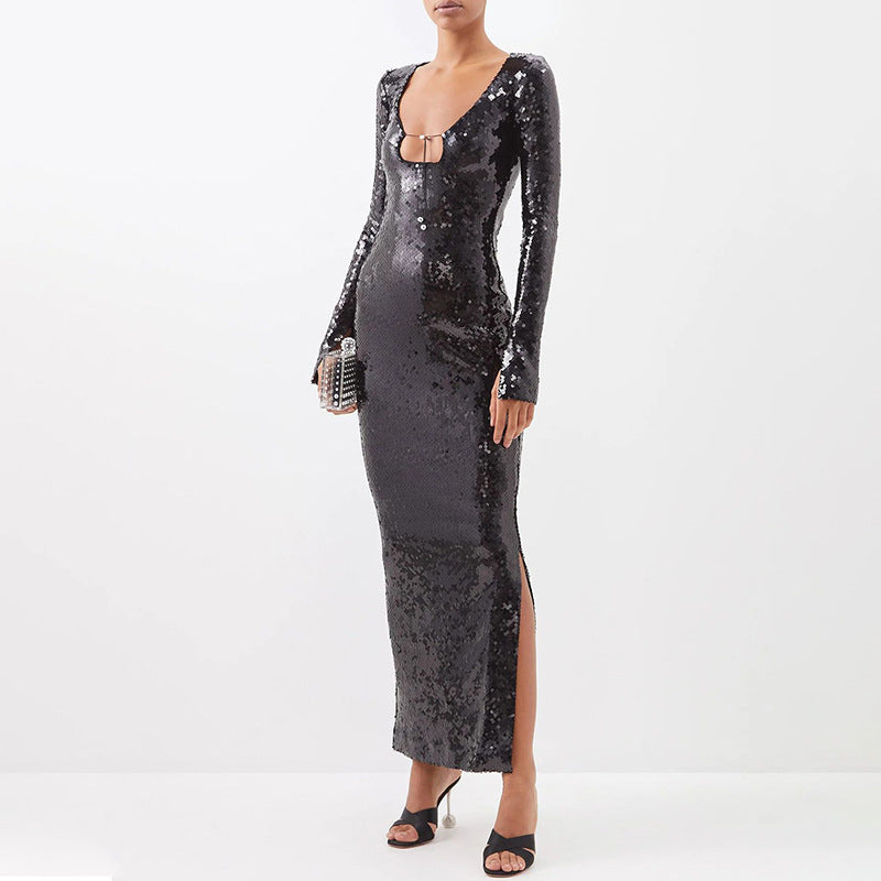 Women Sexy Sequined V-Neck Flared Sleeves Dress Slit Slim Dresses