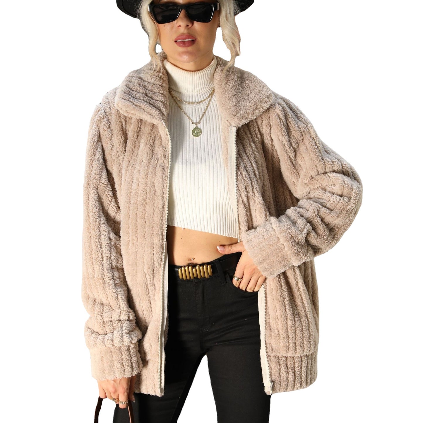 Women's lapel sunken stripe long-sleeve zipper solid color mid-length double-sided plush coat