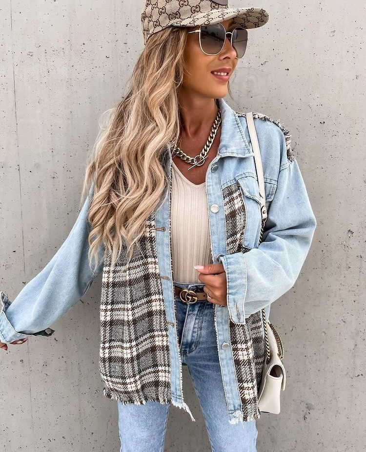 2024 New Denim stitching plaid coat loose top casual women's shirt