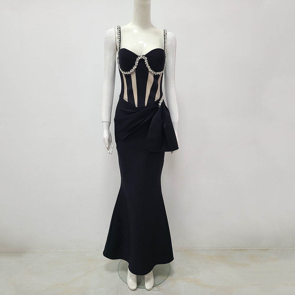 Sexy Sleeveless Dress Diamond Crystal Draped Black Bandage Gown