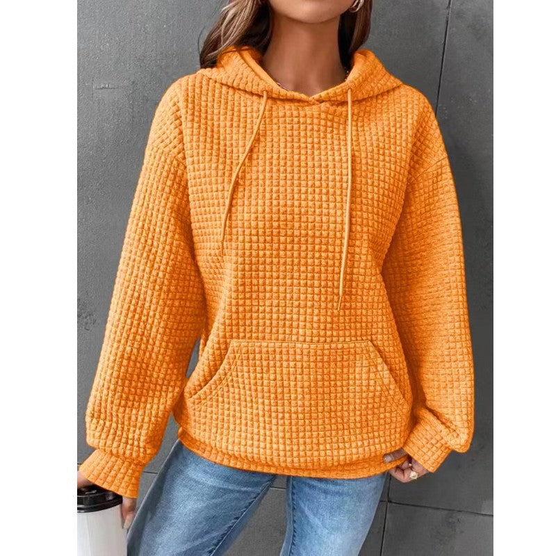 Autumn and winter women's hoodies waffle round neck long-sleeved sweater solid color top for women