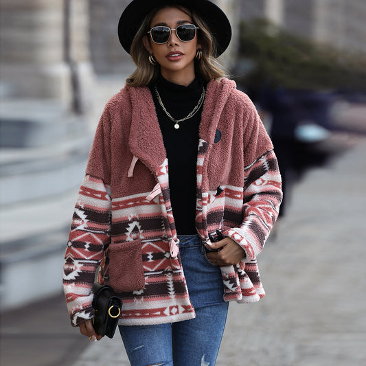 Casual women's hooded long-sleeved geometric horn button mid-length double-sided velvet jacket