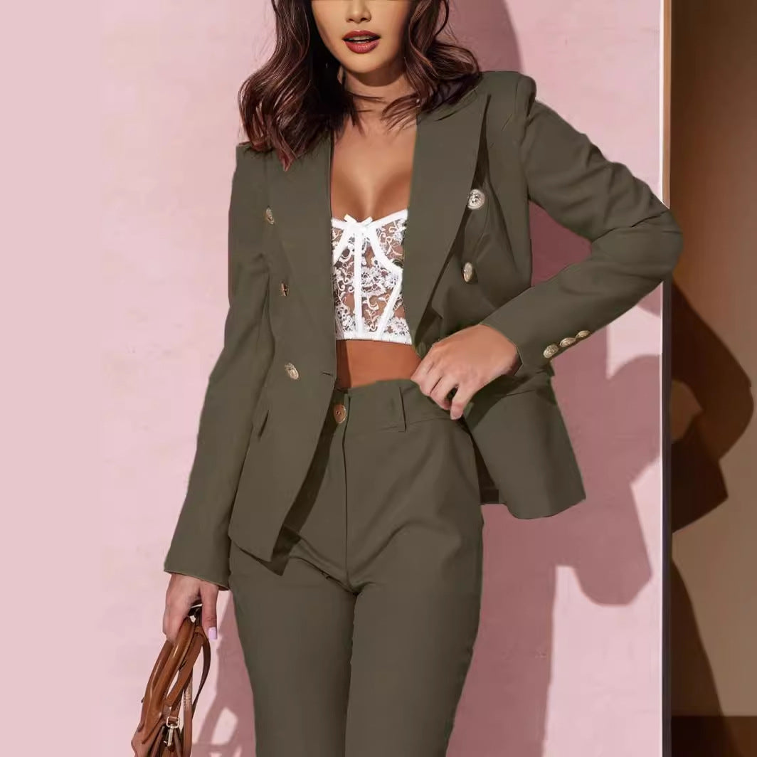 Spring and Autumn women's jacket long-sleeved double-breasted solid color stand collar suit