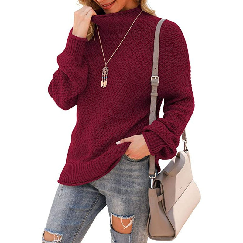 Women's sweater half turtleneck large size sweater bat long sleeve pullover loose solid color sweater