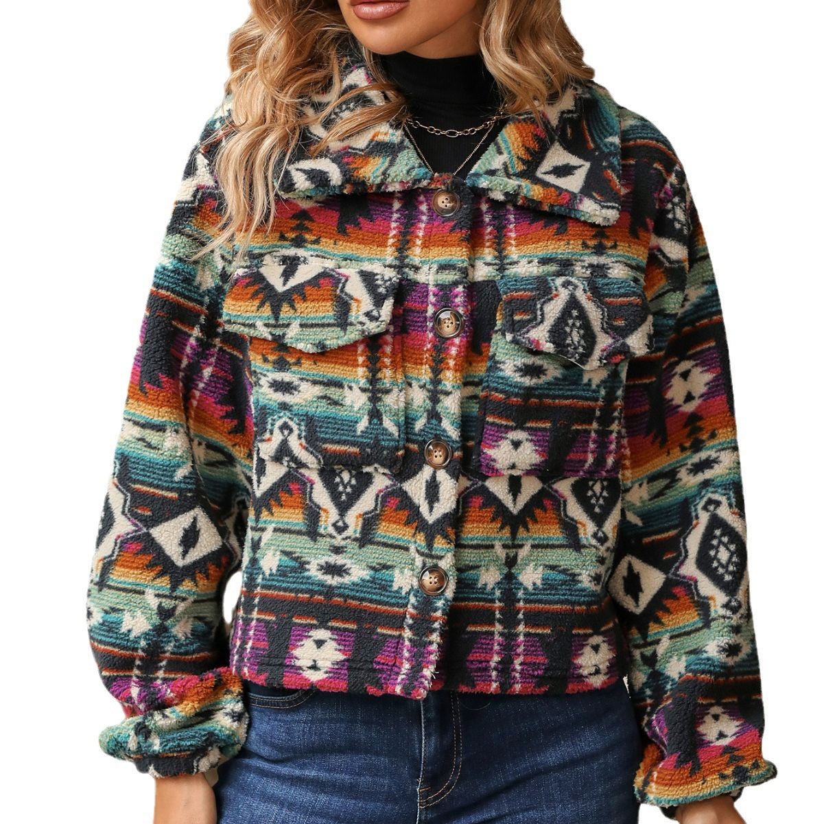 Autumn and Winter new women's clothing boho ethnic print loose long sleeve short coat women