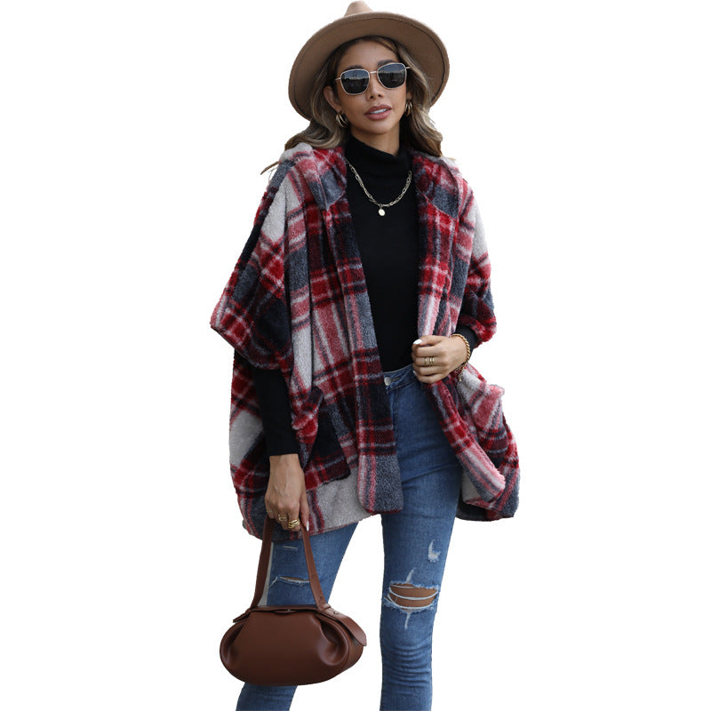 New casual plush women's hooded five-quarter sleeve loose plaid buckle-free coat