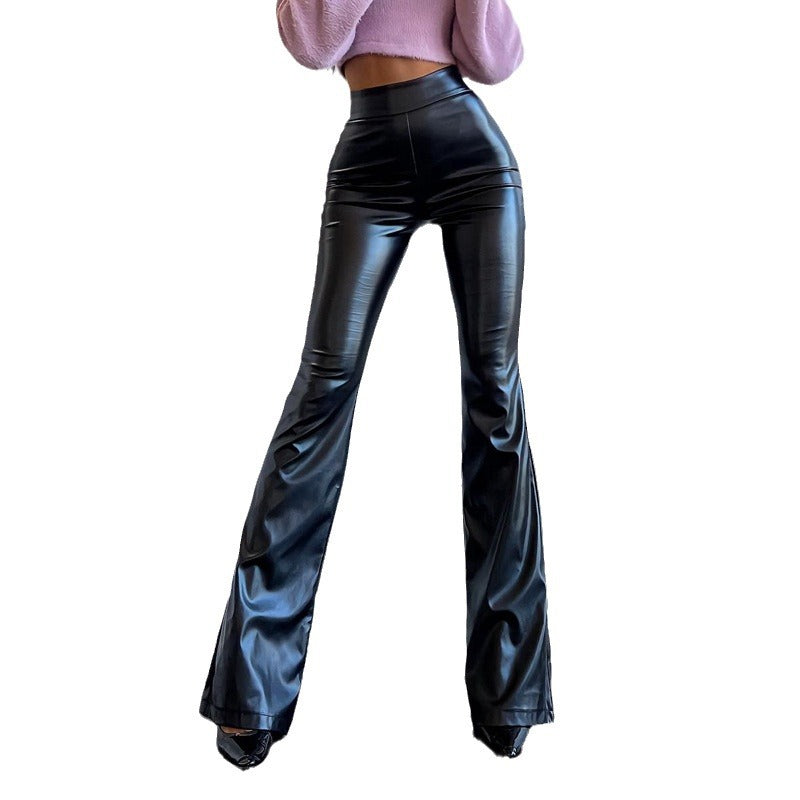 2024 Winter new high waist light sense PU leather pants trousers black glossy flared pants women's pants